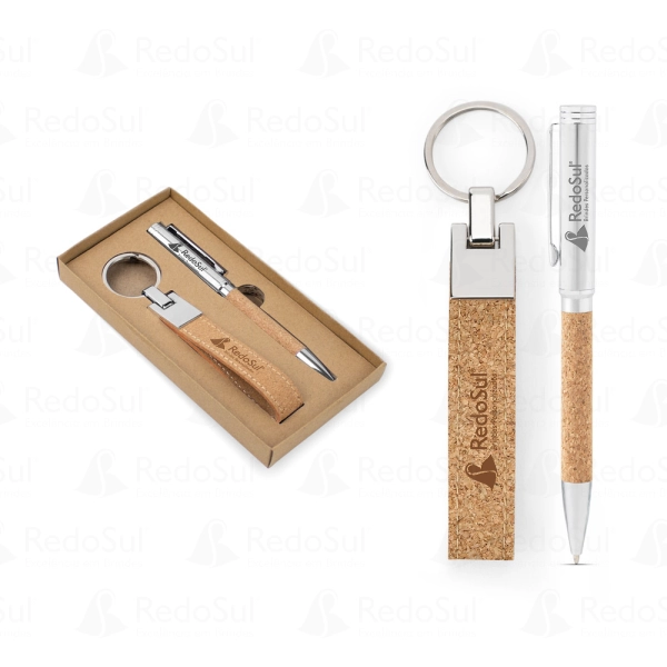 Conjunto de Caneta e Chaveiro em Metal e Cortiça Personalizado Conjunto de Caneta e Chaveiro em Metal e Cortiça Personalizado